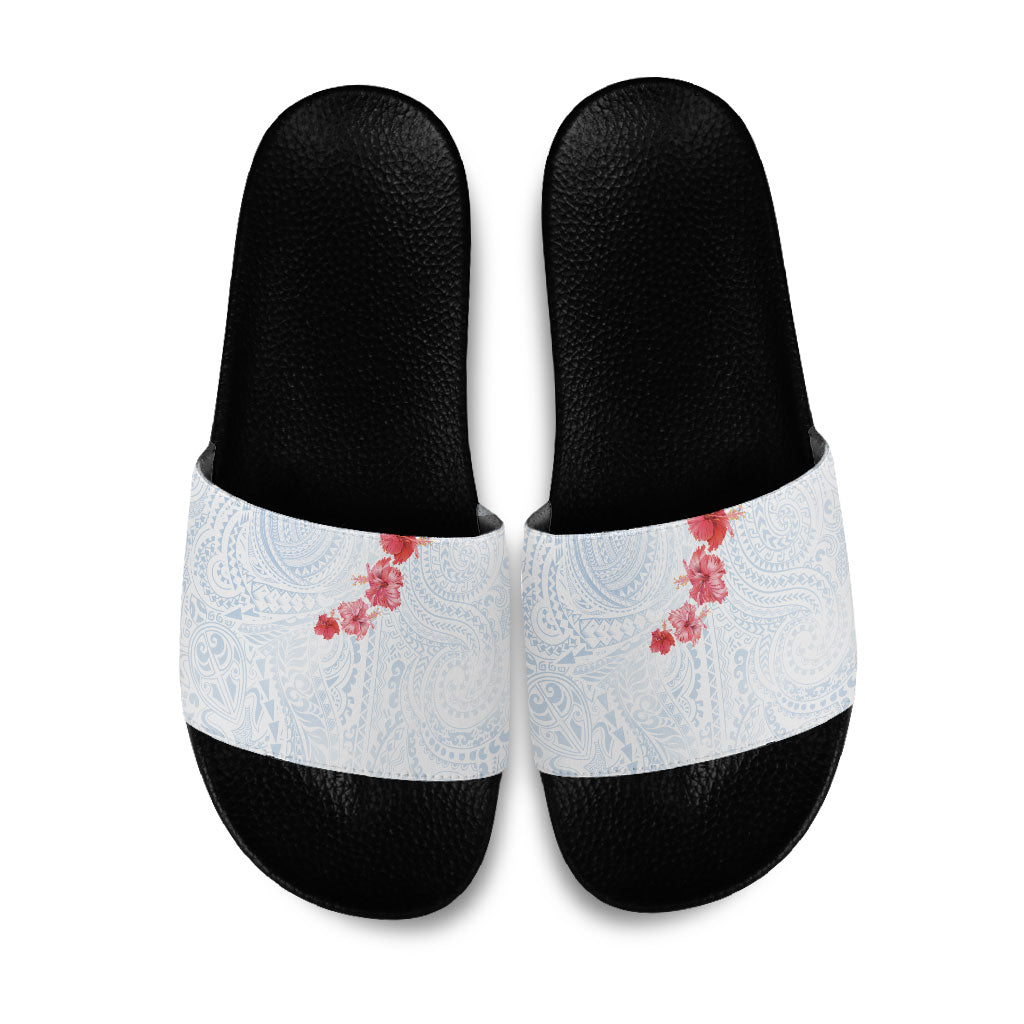 Hawaiian Tribal Tattoo and Hibiscus Slide Sandals Polynesian Pattern Airy White Blue Cloud