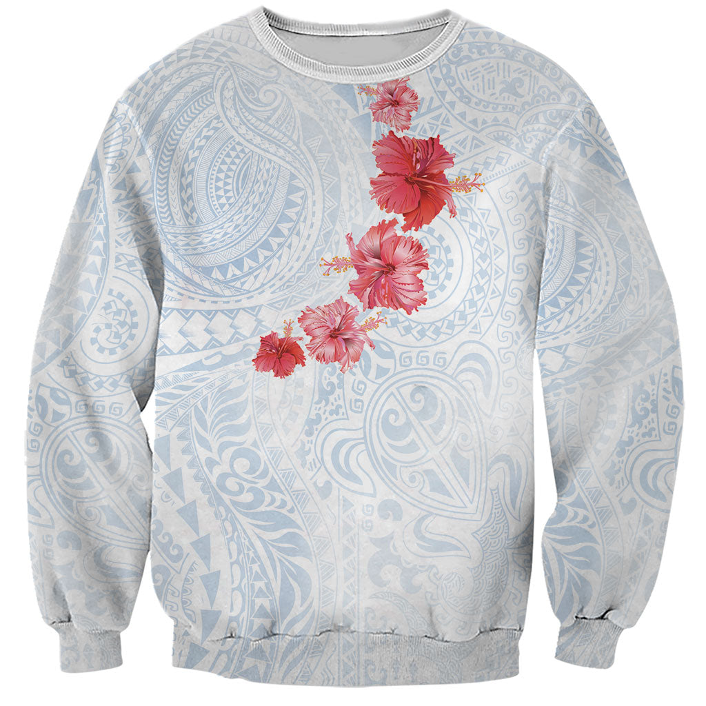Hawaiian Tribal Tattoo and Hibiscus Sweatshirt Polynesian Pattern Airy White Blue Cloud
