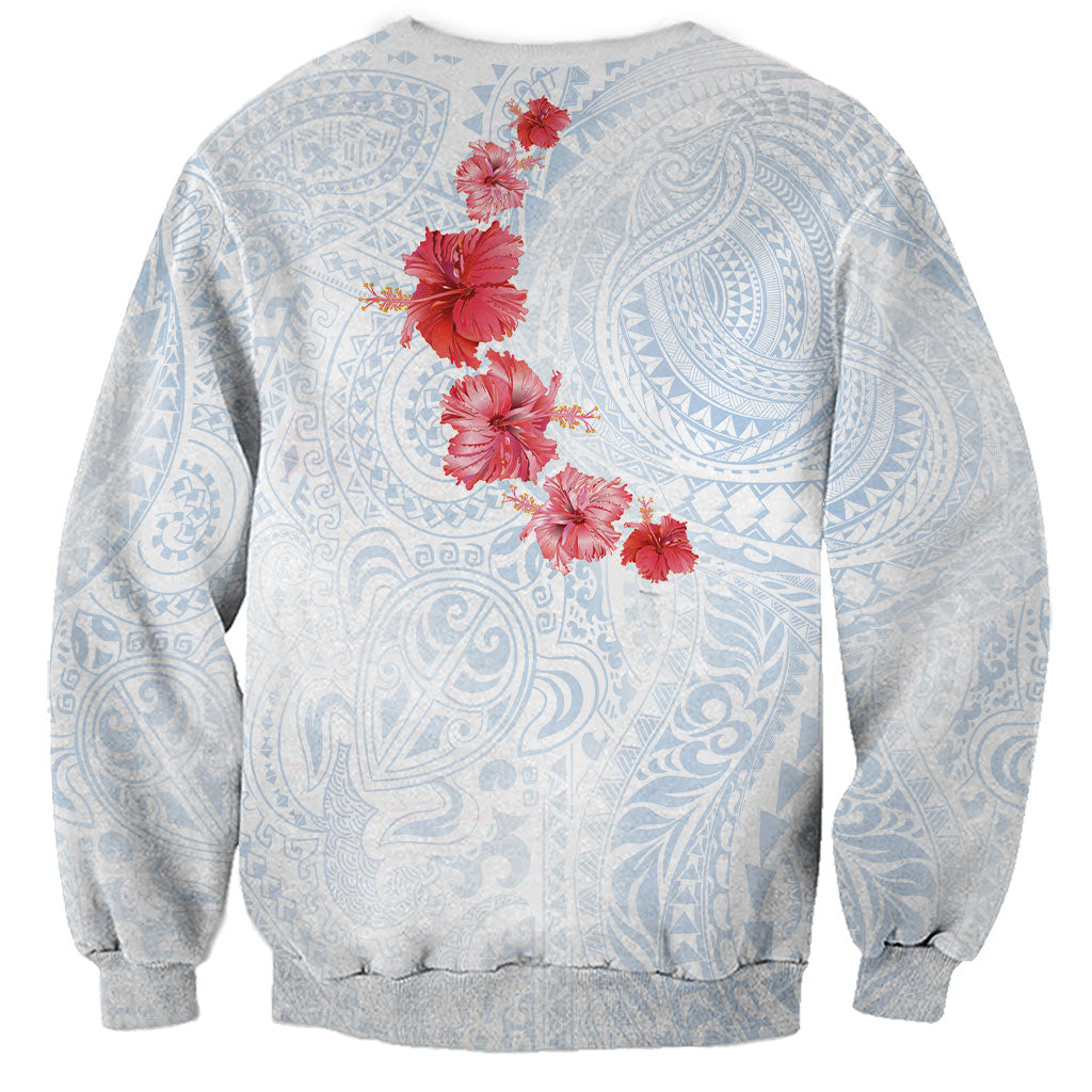 Hawaiian Tribal Tattoo and Hibiscus Sweatshirt Polynesian Pattern Airy White Blue Cloud