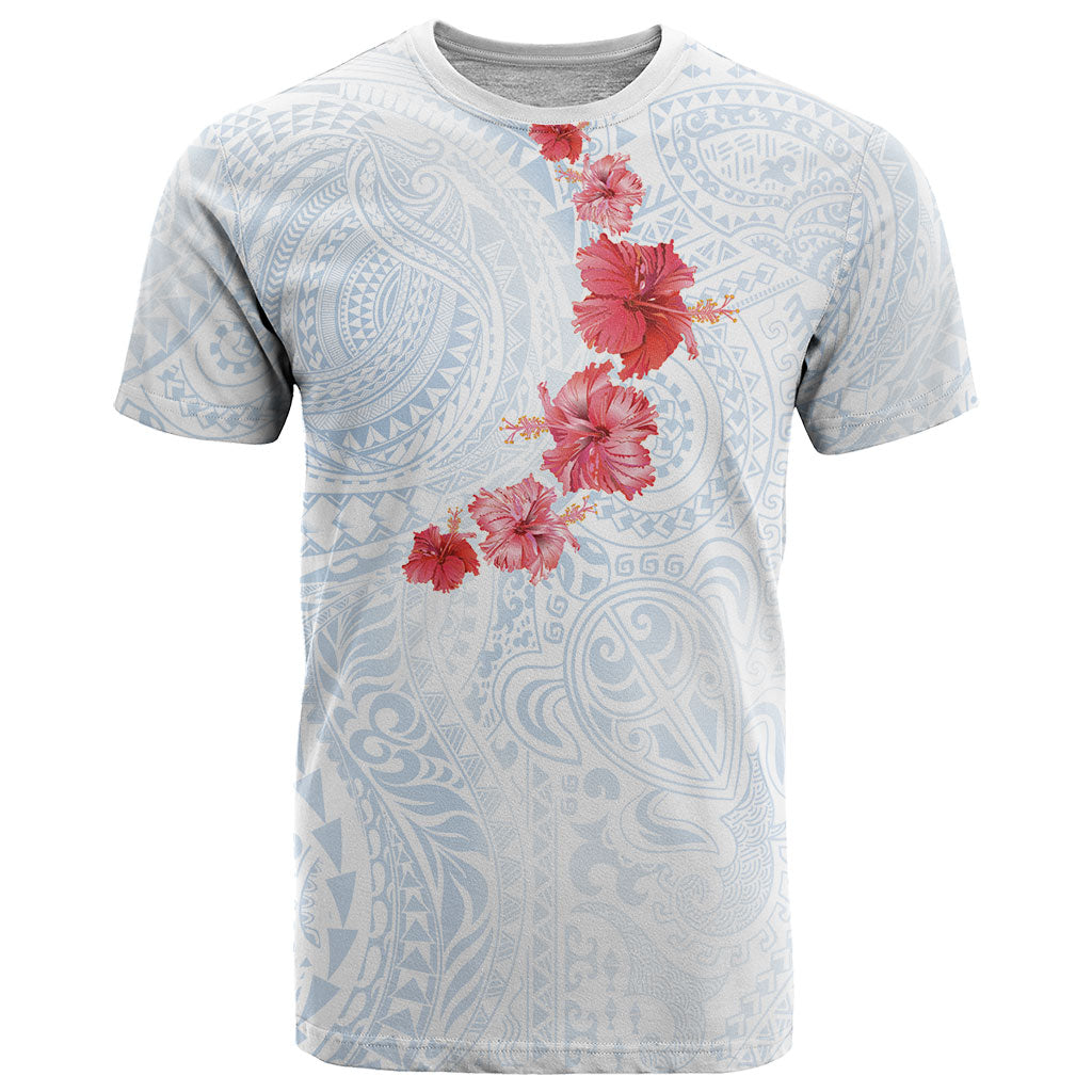 Hawaiian Tribal Tattoo and Hibiscus T Shirt Polynesian Pattern Airy White Blue Cloud