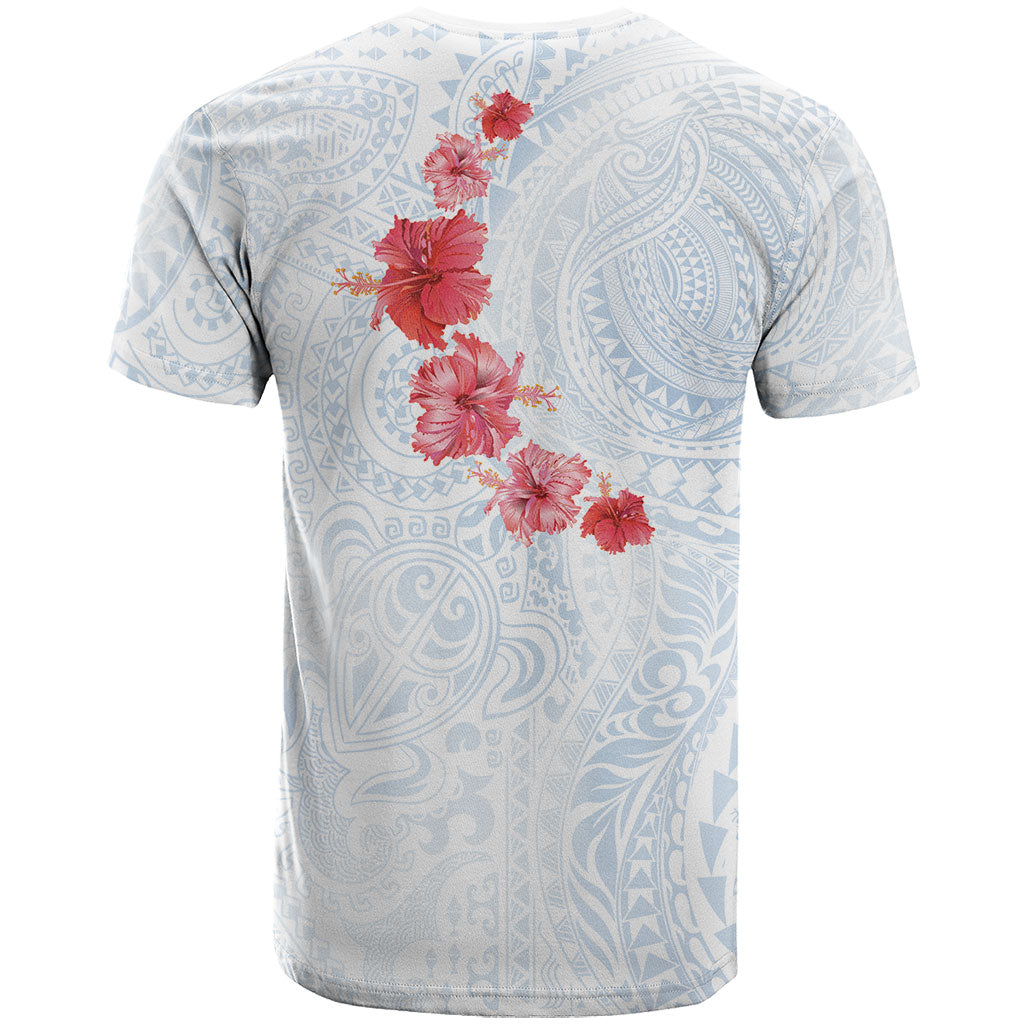 Hawaiian Tribal Tattoo and Hibiscus T Shirt Polynesian Pattern Airy White Blue Cloud