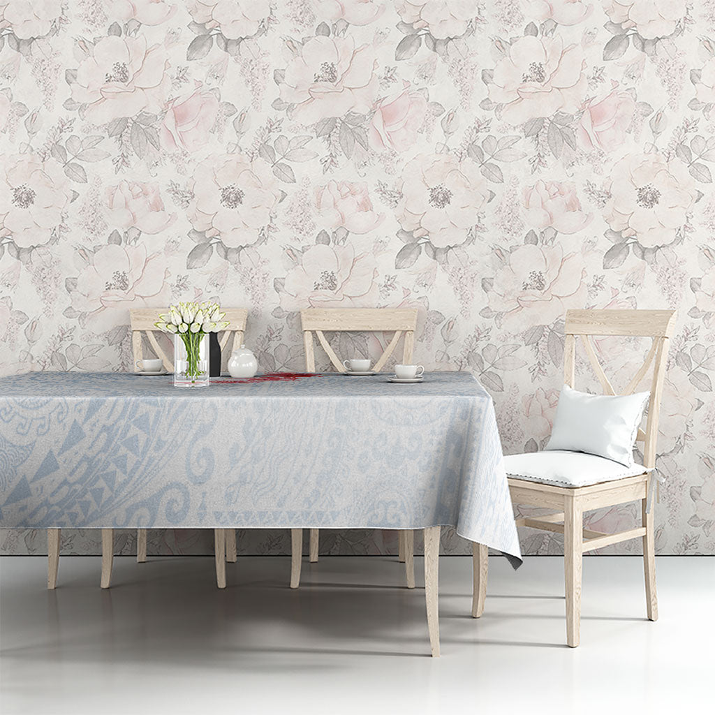 Hawaiian Tribal Tattoo and Hibiscus Tablecloth Polynesian Pattern Airy White Blue Cloud