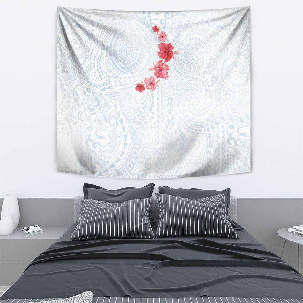 Hawaiian Tribal Tattoo and Hibiscus Tapestry Polynesian Pattern Airy White Blue Cloud