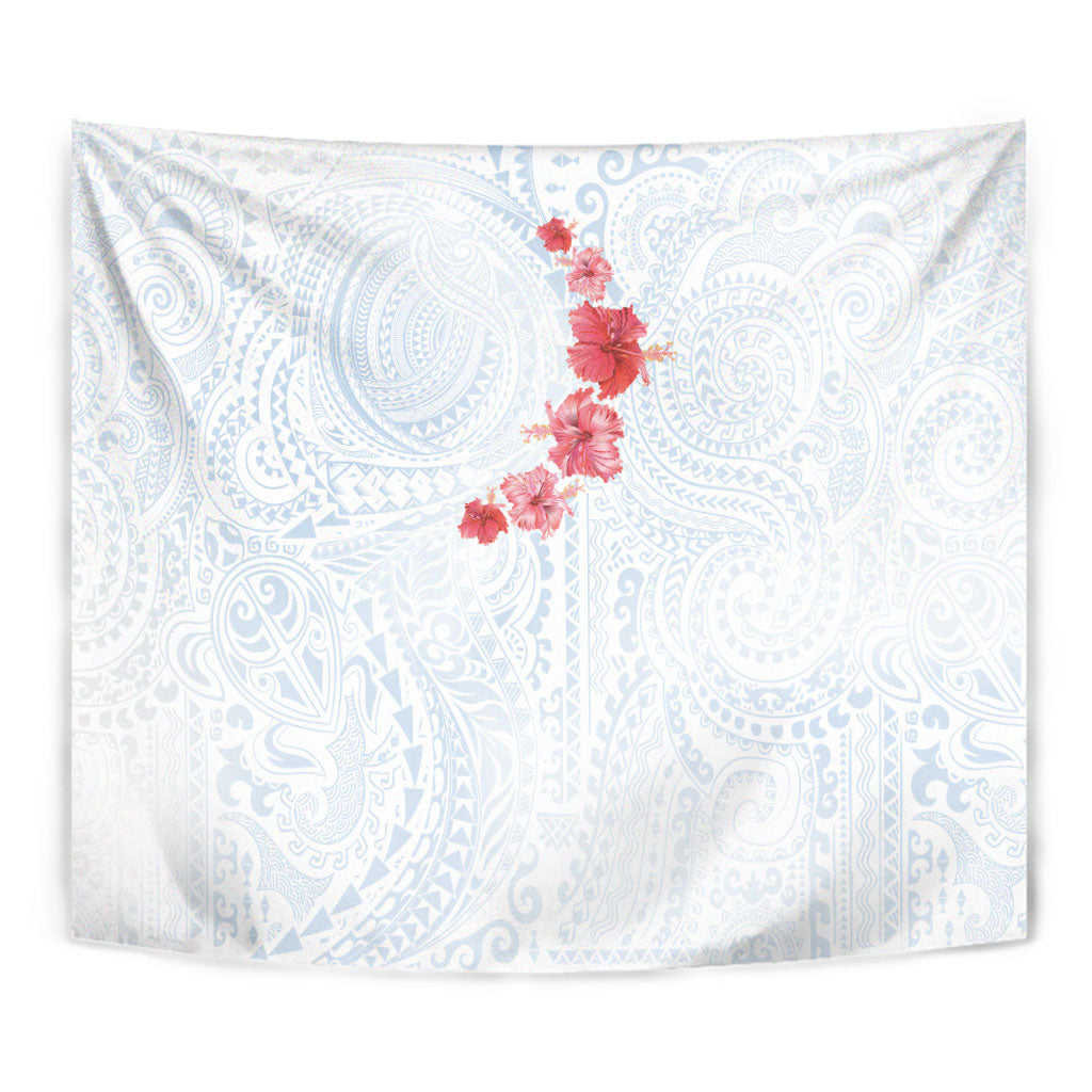 Hawaiian Tribal Tattoo and Hibiscus Tapestry Polynesian Pattern Airy White Blue Cloud