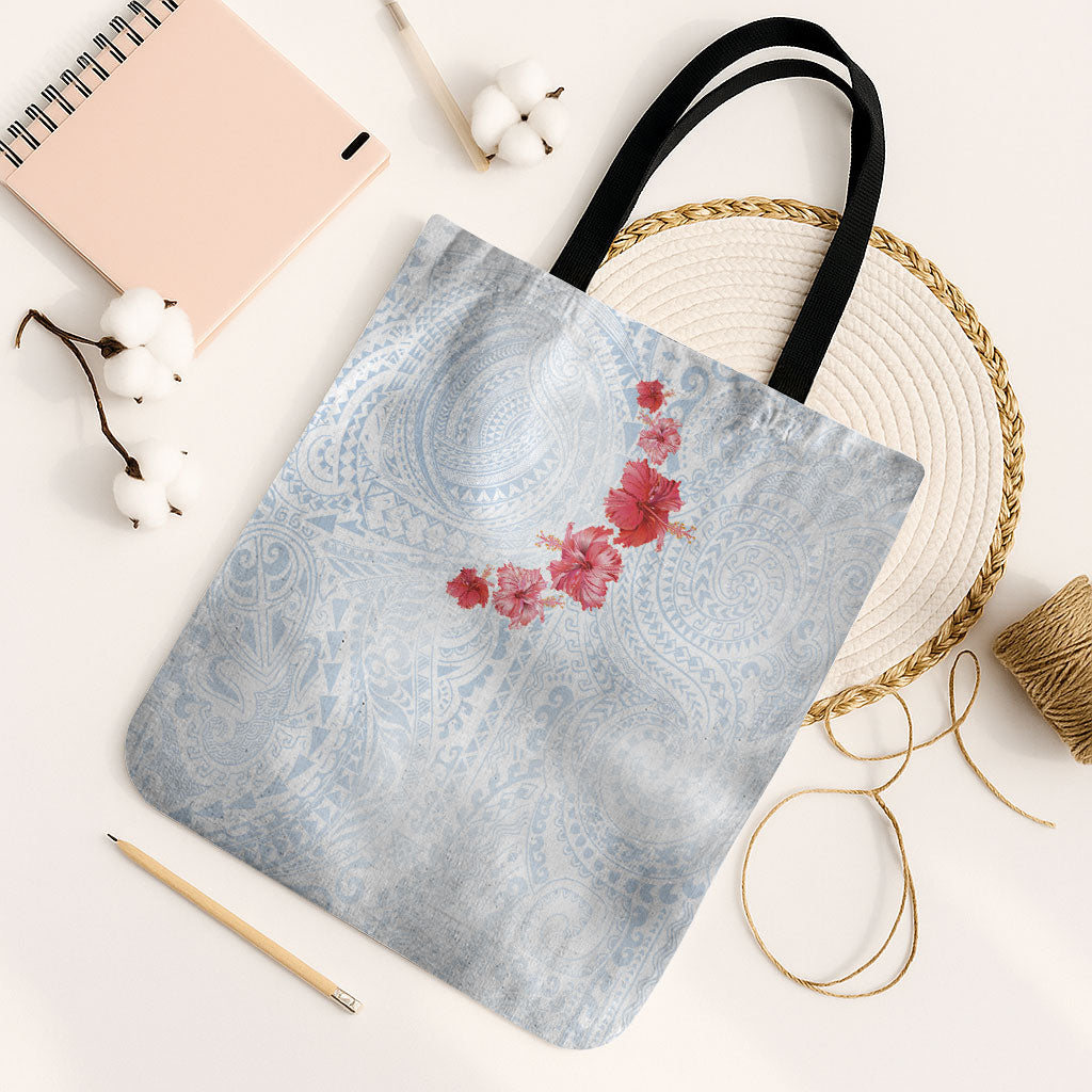 Hawaiian Tribal Tattoo and Hibiscus Tote Bag Polynesian Pattern Airy White Blue Cloud