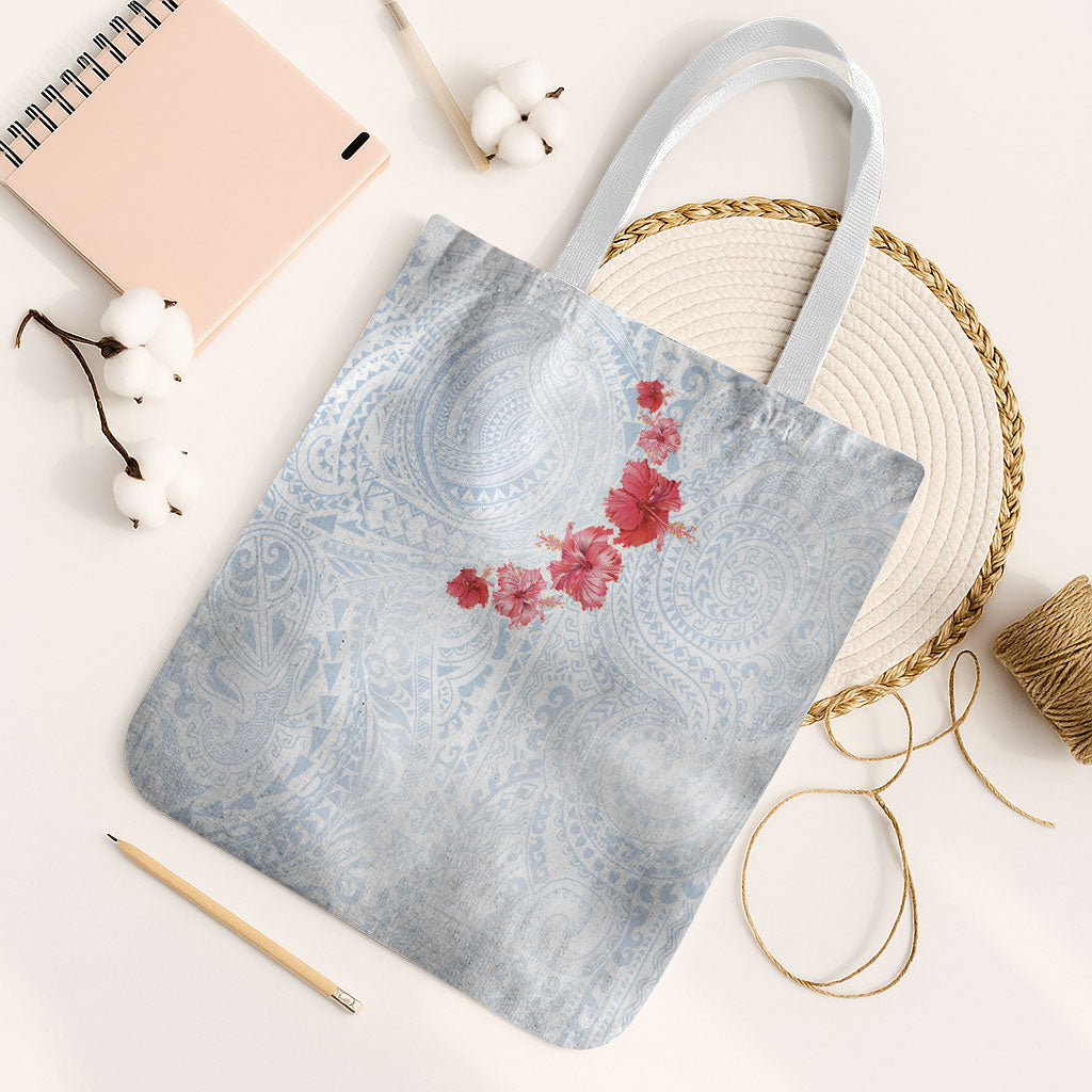 Hawaiian Tribal Tattoo and Hibiscus Tote Bag Polynesian Pattern Airy White Blue Cloud