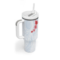 Hawaiian Tribal Tattoo and Hibiscus Tumbler With Handle Polynesian Pattern Airy White Blue Cloud
