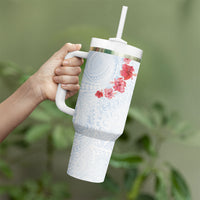 Hawaiian Tribal Tattoo and Hibiscus Tumbler With Handle Polynesian Pattern Airy White Blue Cloud