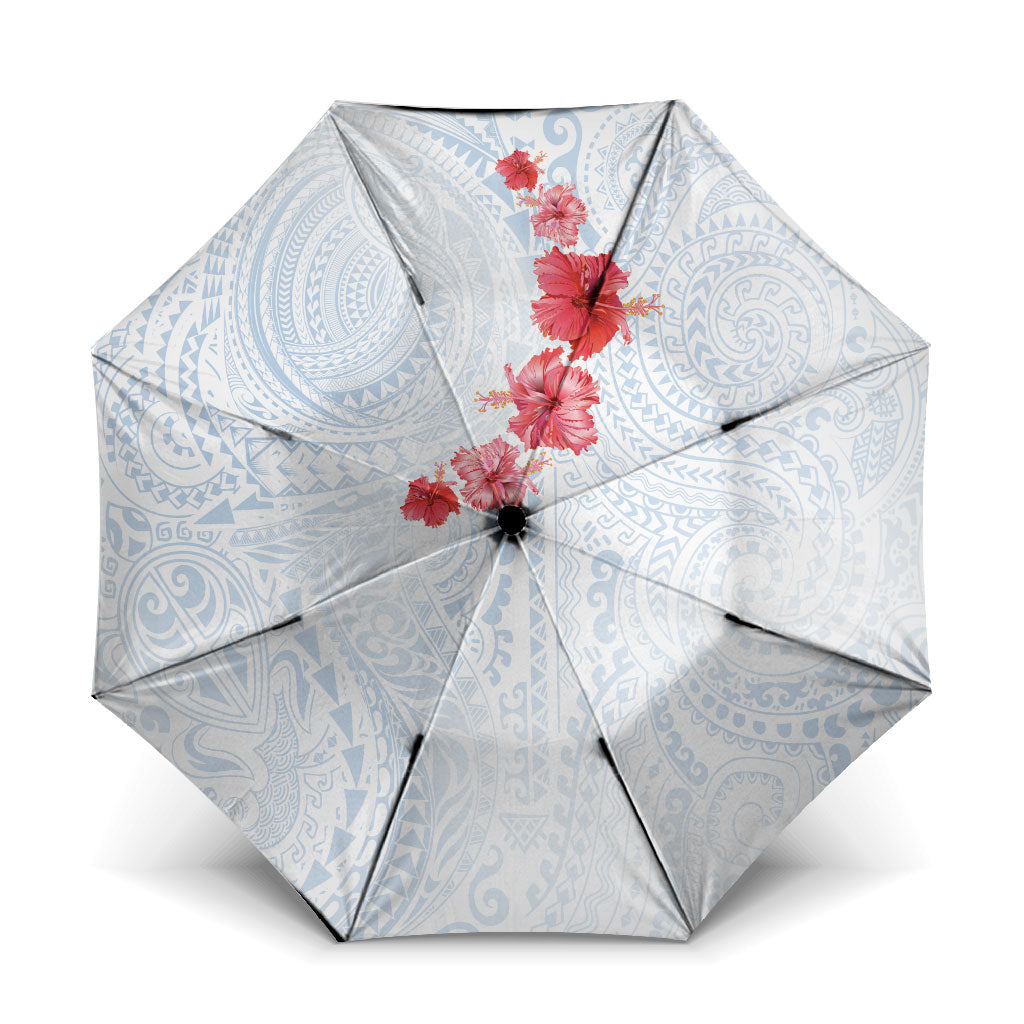 Hawaiian Tribal Tattoo and Hibiscus Umbrella Polynesian Pattern Airy White Blue Cloud