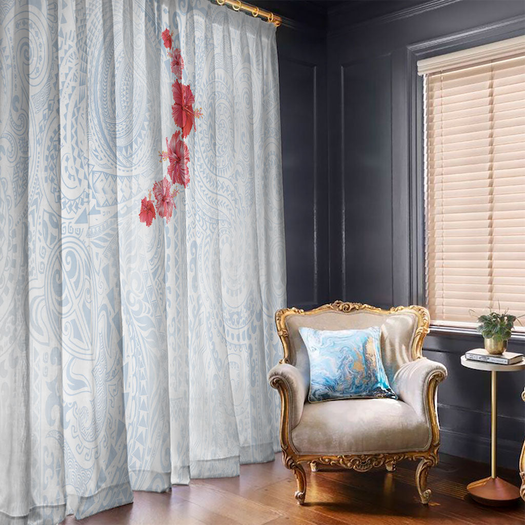 Hawaiian Tribal Tattoo and Hibiscus Window Curtain Polynesian Pattern Airy White Blue Cloud