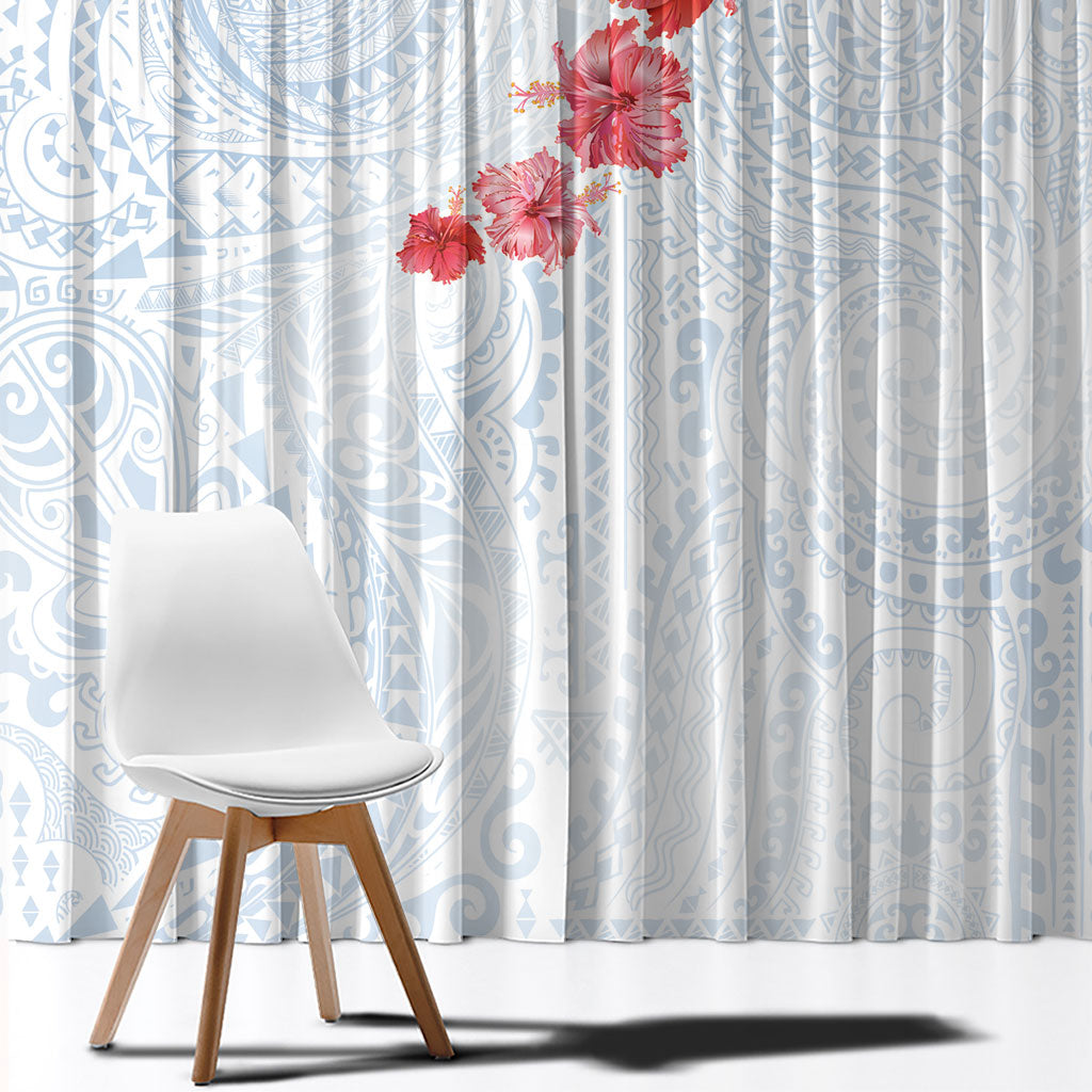 Hawaiian Tribal Tattoo and Hibiscus Window Curtain Polynesian Pattern Airy White Blue Cloud