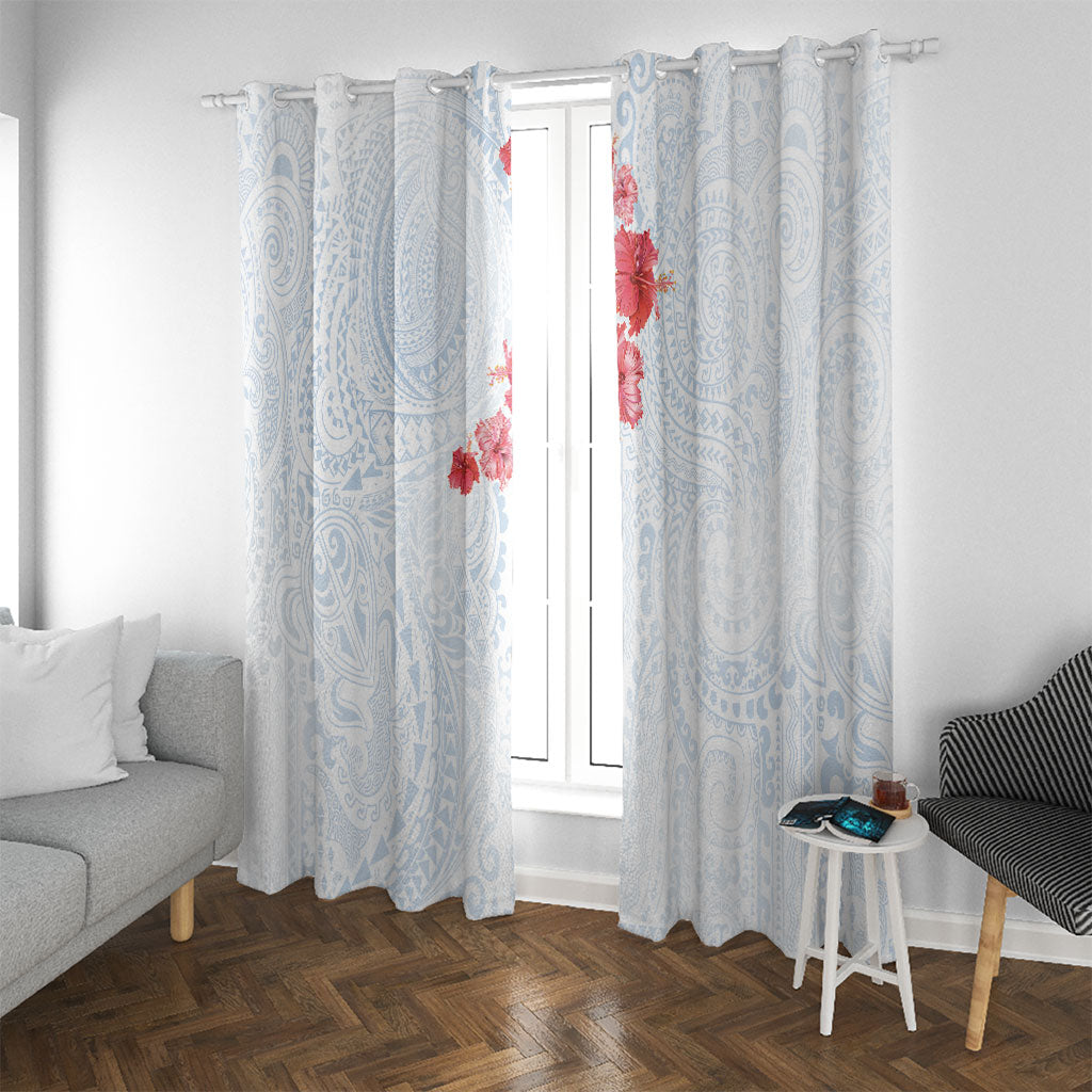 Hawaiian Tribal Tattoo and Hibiscus Window Curtain Polynesian Pattern Airy White Blue Cloud