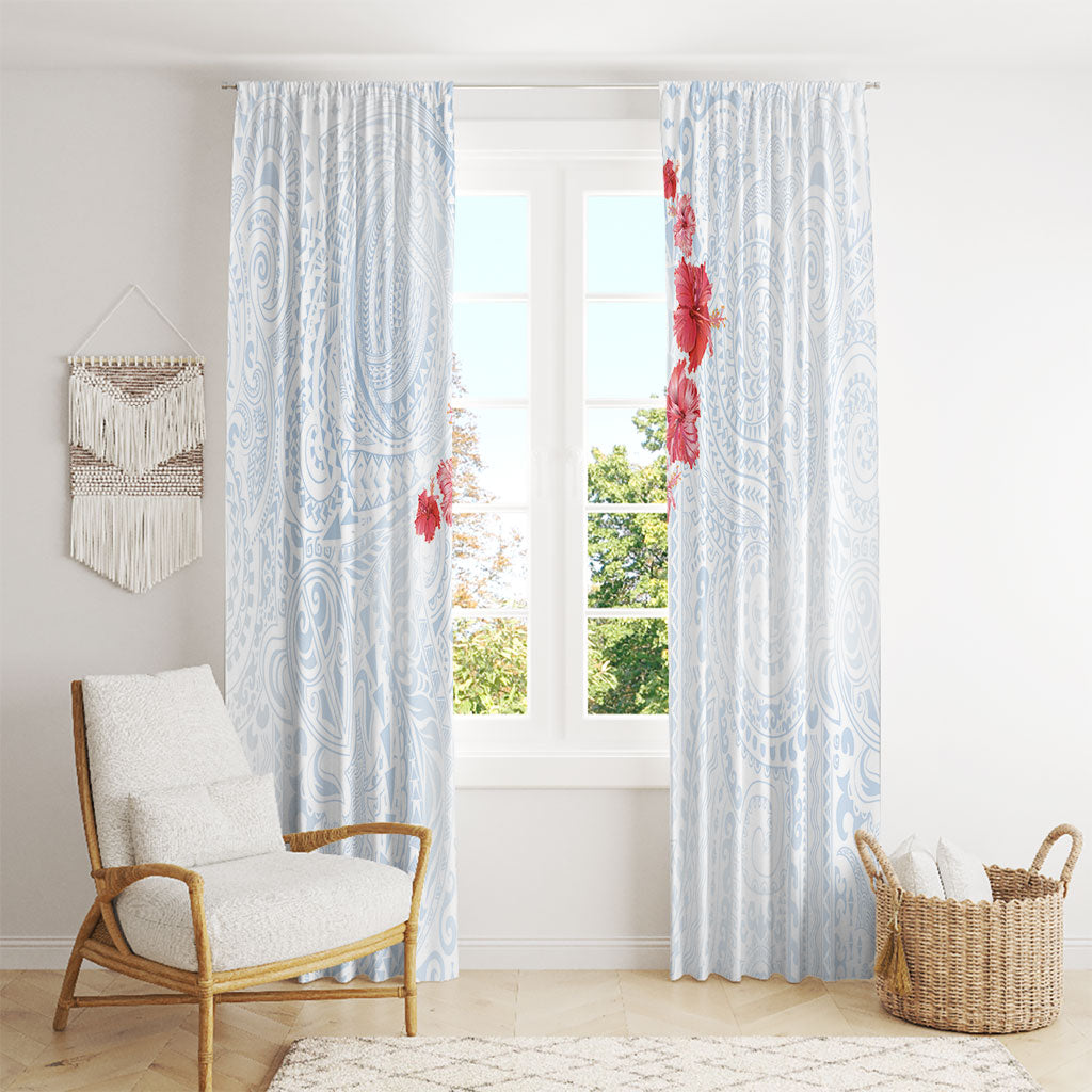 Hawaiian Tribal Tattoo and Hibiscus Window Curtain Polynesian Pattern Airy White Blue Cloud
