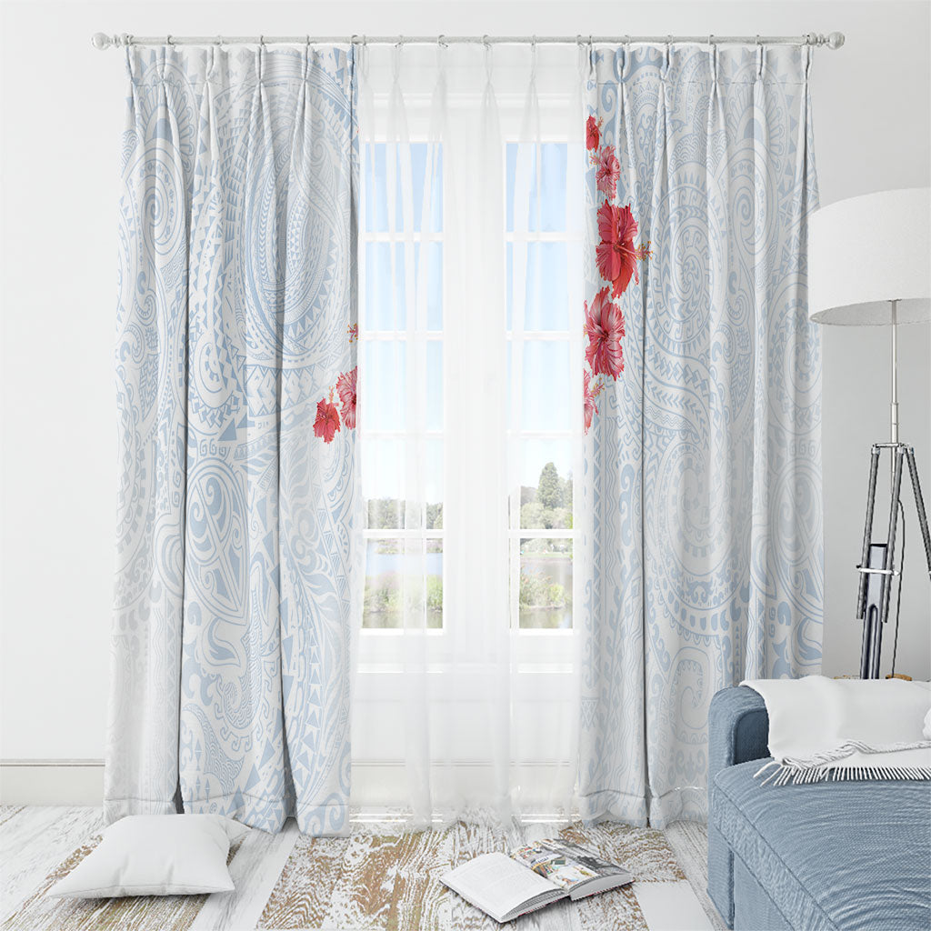 Hawaiian Tribal Tattoo and Hibiscus Window Curtain Polynesian Pattern Airy White Blue Cloud