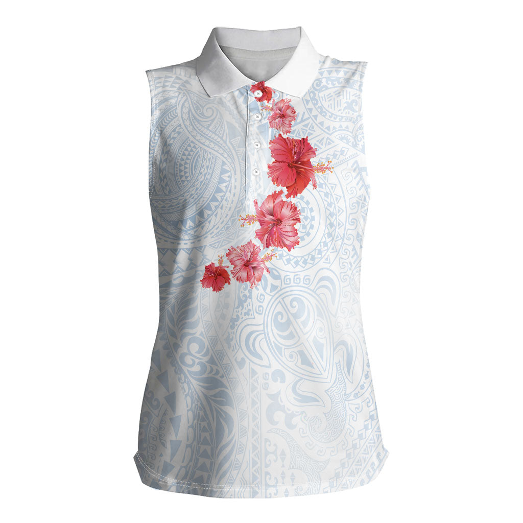 Hawaiian Tribal Tattoo and Hibiscus Women Sleeveless Polo Shirt Polynesian Pattern Airy White Blue Cloud