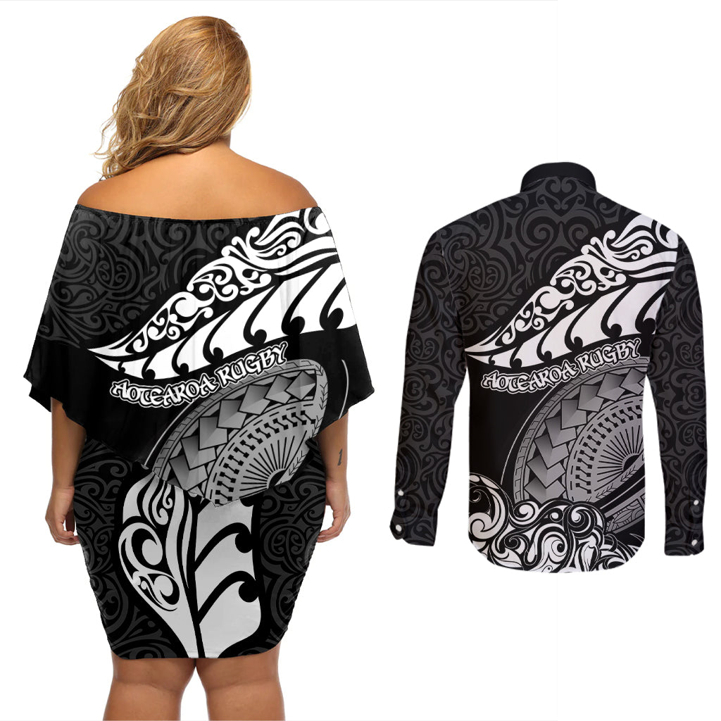 new-zealand-rugby-couples-matching-off-shoulder-short-dress-and-long-sleeve-button-shirts-maori-warrior-rugby-silver-fern-tribal-pattern