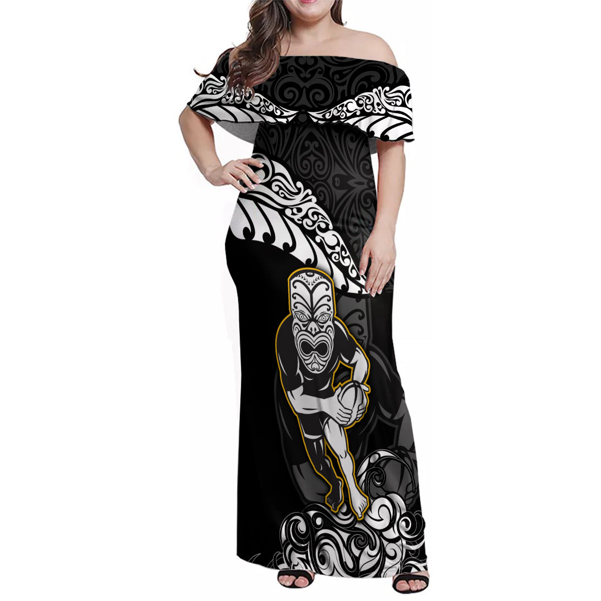 new-zealand-rugby-family-matching-off-shoulder-maxi-dress-and-hawaiian-shirt-maori-warrior-rugby-silver-fern-tribal-pattern