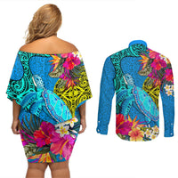 polynesian-couples-matching-off-shoulder-short-dress-and-long-sleeve-button-shirts-the-turtle-jung-flower-with-maori-pattern-ethnic-style