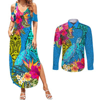 polynesian-couples-matching-summer-maxi-dress-and-long-sleeve-button-shirts-the-turtle-jung-flower-with-maori-pattern-ethnic-style