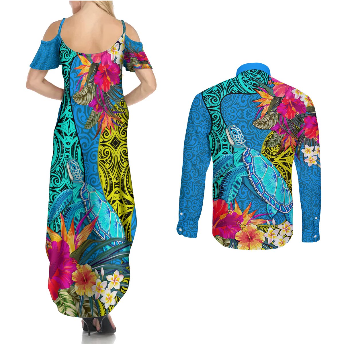 polynesian-couples-matching-summer-maxi-dress-and-long-sleeve-button-shirts-the-turtle-jung-flower-with-maori-pattern-ethnic-style