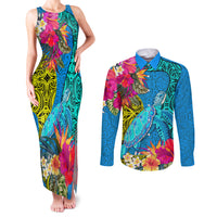 polynesian-couples-matching-tank-maxi-dress-and-long-sleeve-button-shirts-the-turtle-jung-flower-with-maori-pattern-ethnic-style