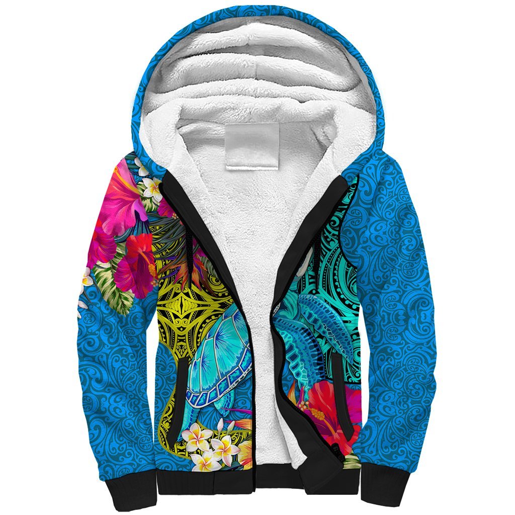 Polynesian Sherpa Hoodie The Turtle Jung Flower with Maori Pattern Ethnic Style LT03 Unisex Blue - Polynesian Pride