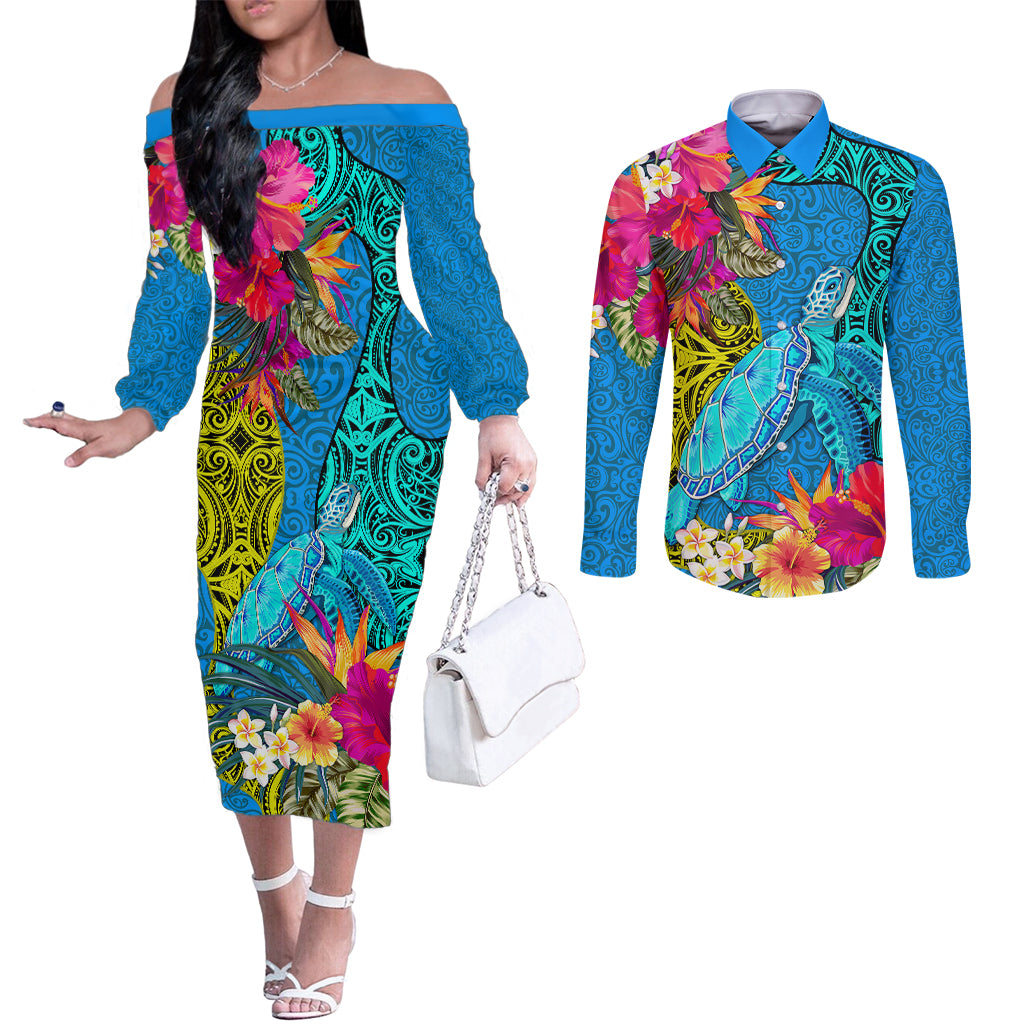 custom-polynesian-couples-matching-off-the-shoulder-long-sleeve-dress-and-long-sleeve-button-shirts-the-turtle-jung-flower-with-maori-pattern-ethnic-style