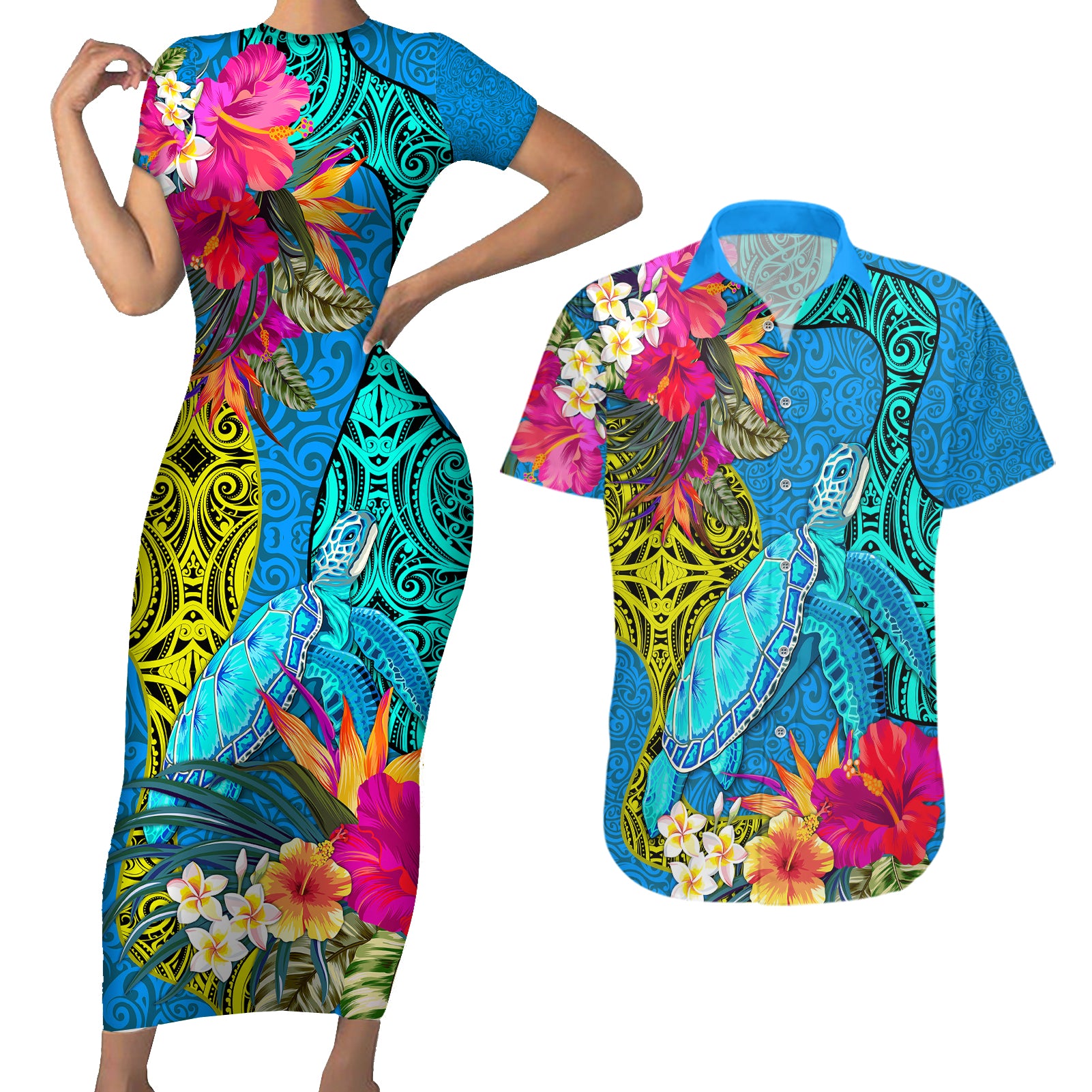 custom-polynesian-couples-matching-short-sleeve-bodycon-dress-and-hawaiian-shirt-the-turtle-jung-flower-with-maori-pattern-ethnic-style