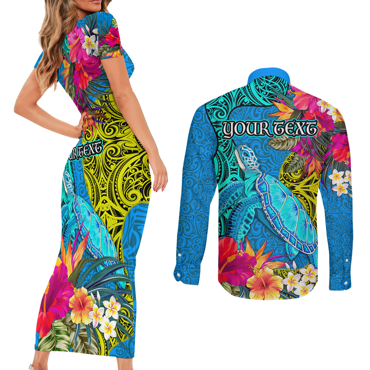 custom-polynesian-couples-matching-short-sleeve-bodycon-dress-and-long-sleeve-button-shirts-the-turtle-jung-flower-with-maori-pattern-ethnic-style