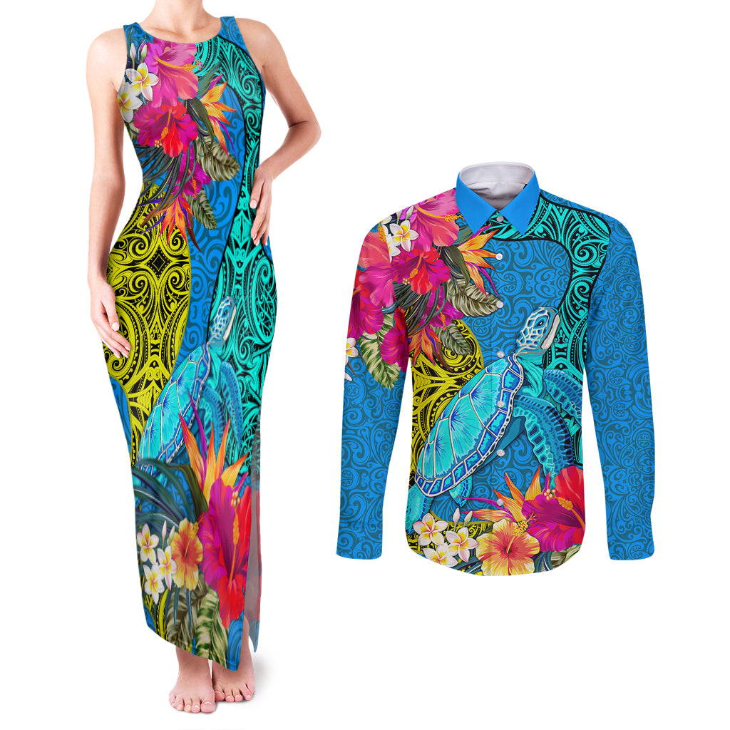 custom-polynesian-couples-matching-tank-maxi-dress-and-long-sleeve-button-shirts-the-turtle-jung-flower-with-maori-pattern-ethnic-style