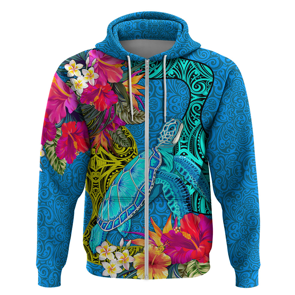 Custom Polynesian Hoodie The Turtle Jung Flower with Maori Pattern Ethnic Style LT03 Zip Hoodie Blue - Polynesian Pride