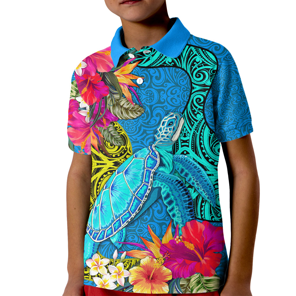 Custom Polynesian Kid Polo Shirt The Turtle Jung Flower with Maori Pattern Ethnic Style LT03 Kid Blue - Polynesian Pride