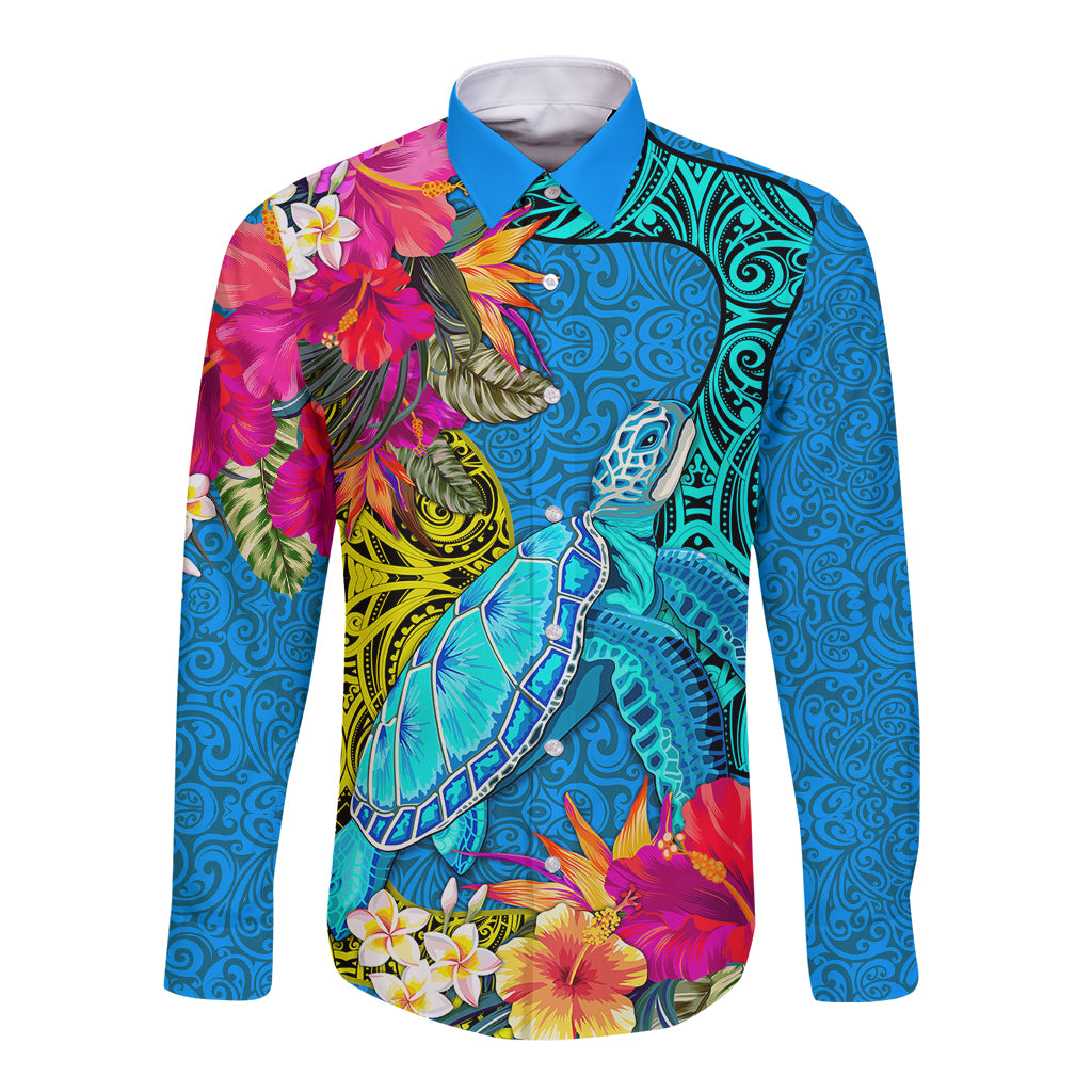 Custom Polynesian Long Sleeve Button Shirt The Turtle Jung Flower with Maori Pattern Ethnic Style LT03 Unisex Blue - Polynesian Pride