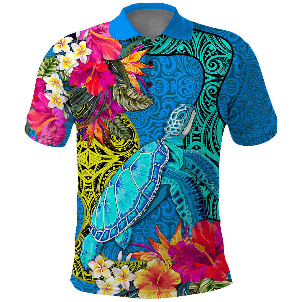 Custom Polynesian Polo Shirt The Turtle Jung Flower with Maori Pattern Ethnic Style LT03 Blue - Polynesian Pride