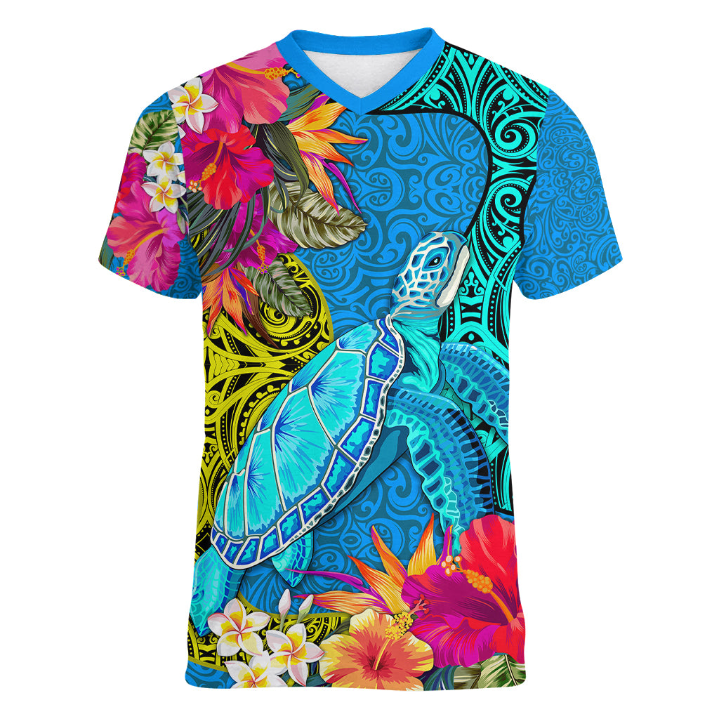 custom-polynesian-women-v-neck-t-shirt-the-turtle-jung-flower-with-maori-pattern-ethnic-style