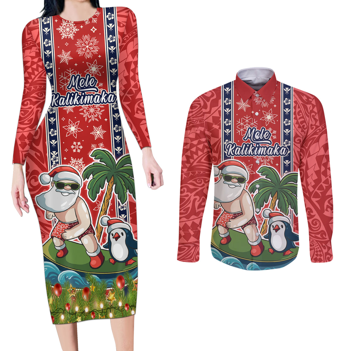 Hawaii Christmas Couples Matching Long Sleeve Bodycon Dress and Long Sleeve Button Shirts The Santa Surfing Hawaii Xmas Style LT03 Red - Polynesian Pride