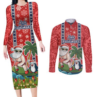 Hawaii Christmas Couples Matching Long Sleeve Bodycon Dress and Long Sleeve Button Shirts The Santa Surfing Hawaii Xmas Style LT03 Red - Polynesian Pride