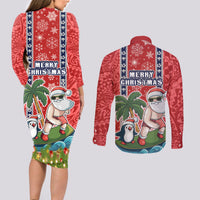 Hawaii Christmas Couples Matching Long Sleeve Bodycon Dress and Long Sleeve Button Shirts The Santa Surfing Hawaii Xmas Style LT03 - Polynesian Pride