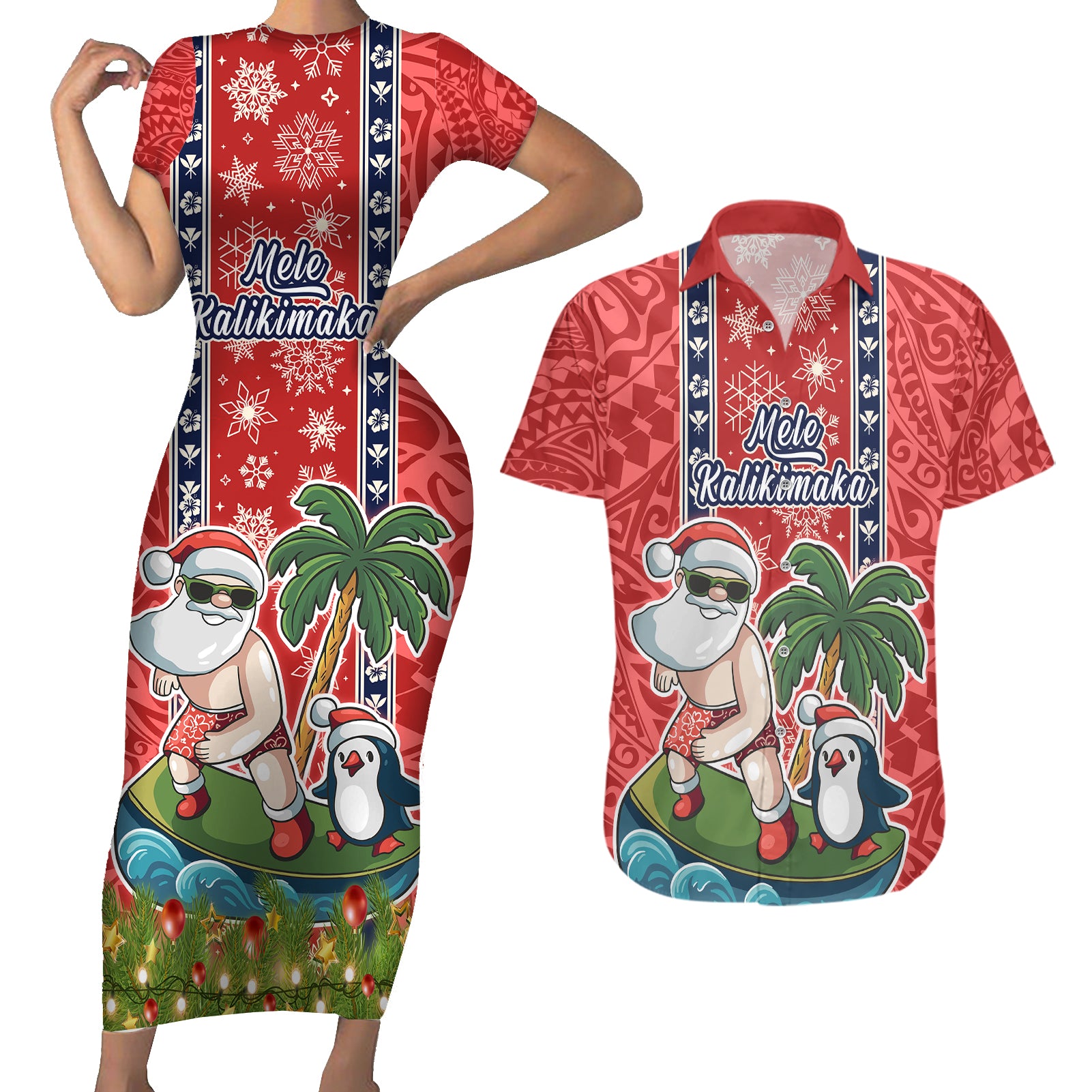 hawaii-christmas-couples-matching-short-sleeve-bodycon-dress-and-hawaiian-shirt-the-santa-surfing-hawaii-xmas-style