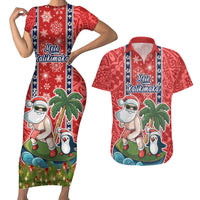 Hawaii Christmas Couples Matching Short Sleeve Bodycon Dress and Hawaiian Shirt The Santa Surfing Hawaii Xmas Style LT03 Red - Polynesian Pride