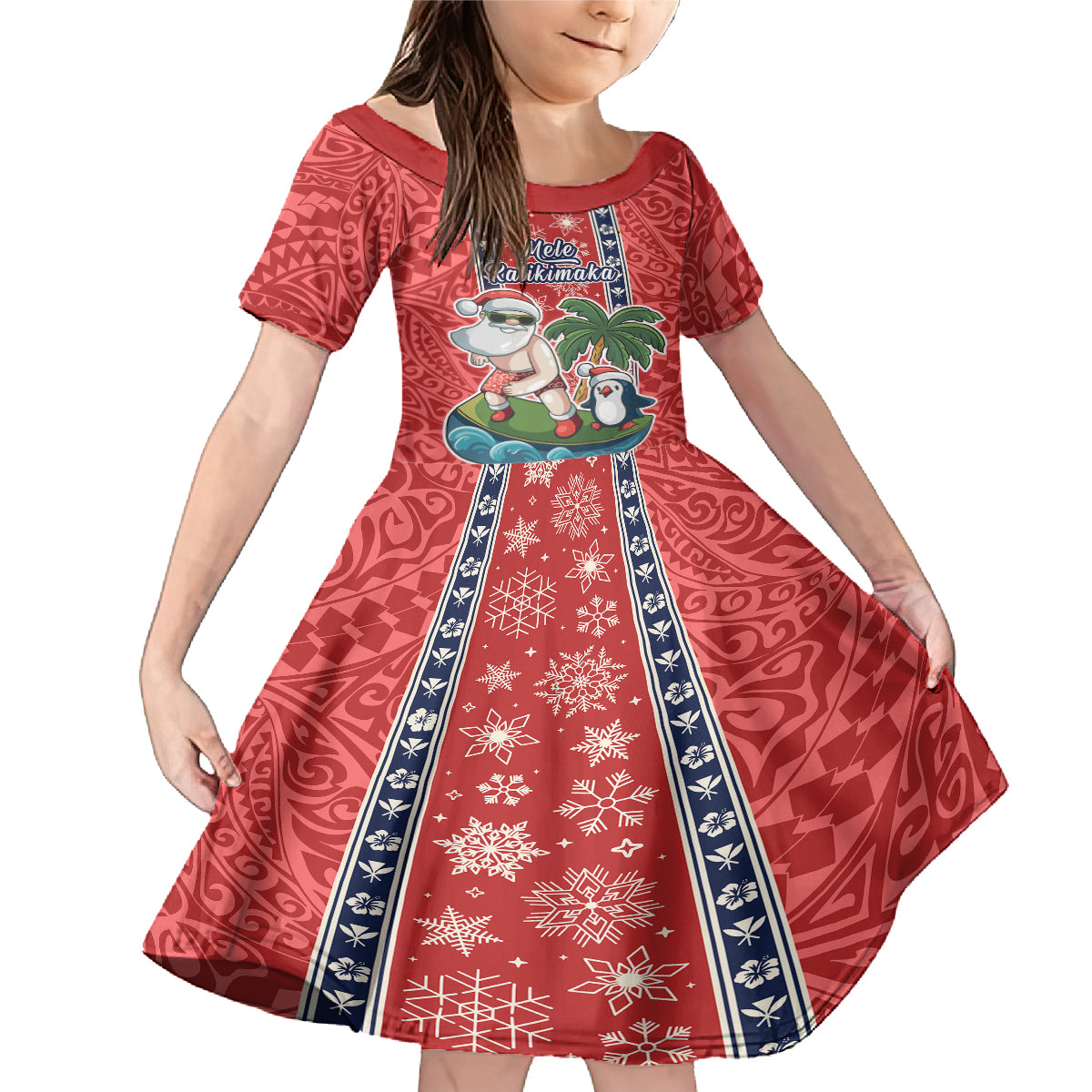 Hawaii Christmas Family Matching Mermaid Dress and Hawaiian Shirt The Santa Surfing Hawaii Xmas Style LT03 Daughter's Dress Red - Polynesian Pride