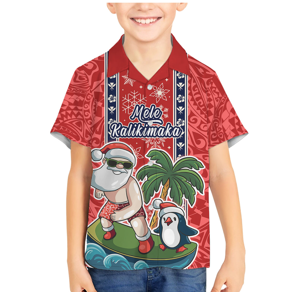 Hawaii Christmas Family Matching Mermaid Dress and Hawaiian Shirt The Santa Surfing Hawaii Xmas Style LT03 Son's Shirt Red - Polynesian Pride