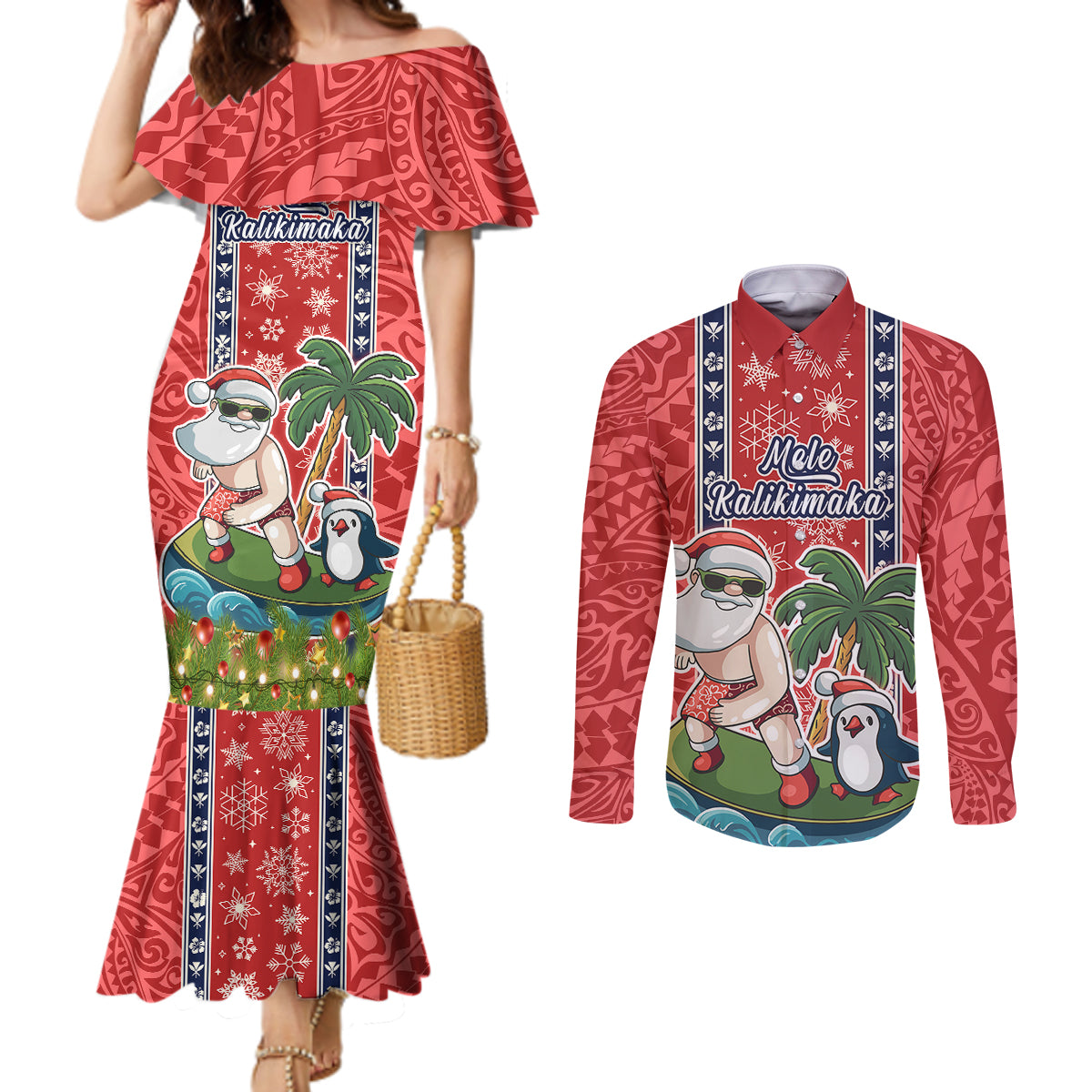 Custom Hawaii Christmas Couples Matching Mermaid Dress and Long Sleeve Button Shirts The Santa Surfing Hawaii Xmas Style LT03 Red - Polynesian Pride