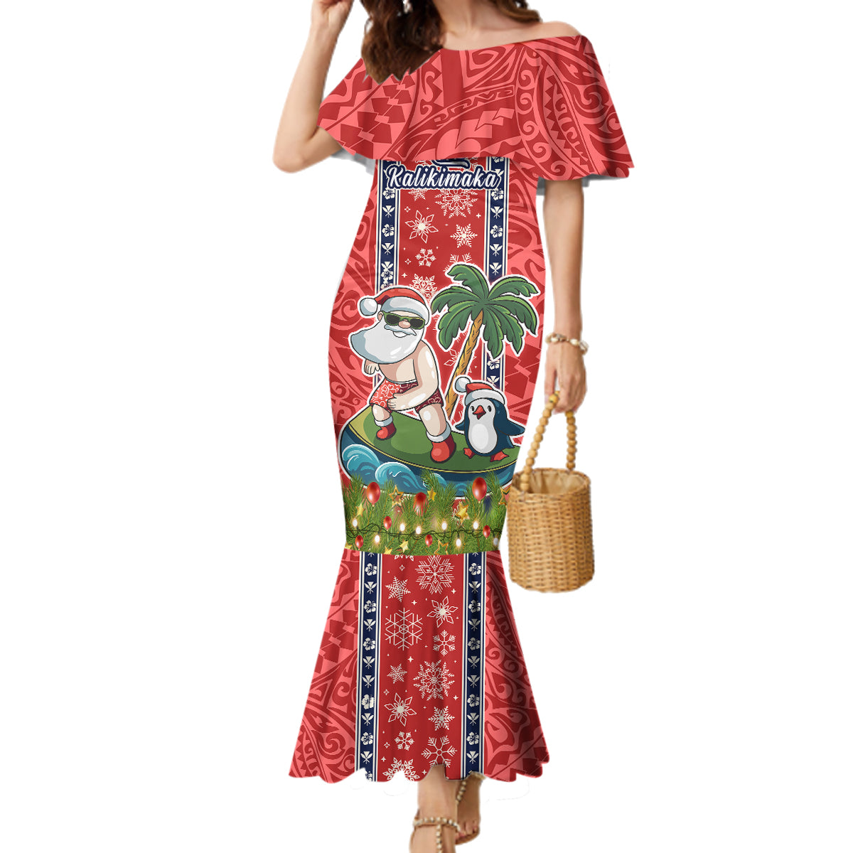 Custom Hawaii Christmas Family Matching Mermaid Dress and Hawaiian Shirt The Santa Surfing Hawaii Xmas Style LT03 Mom's Dress Red - Polynesian Pride