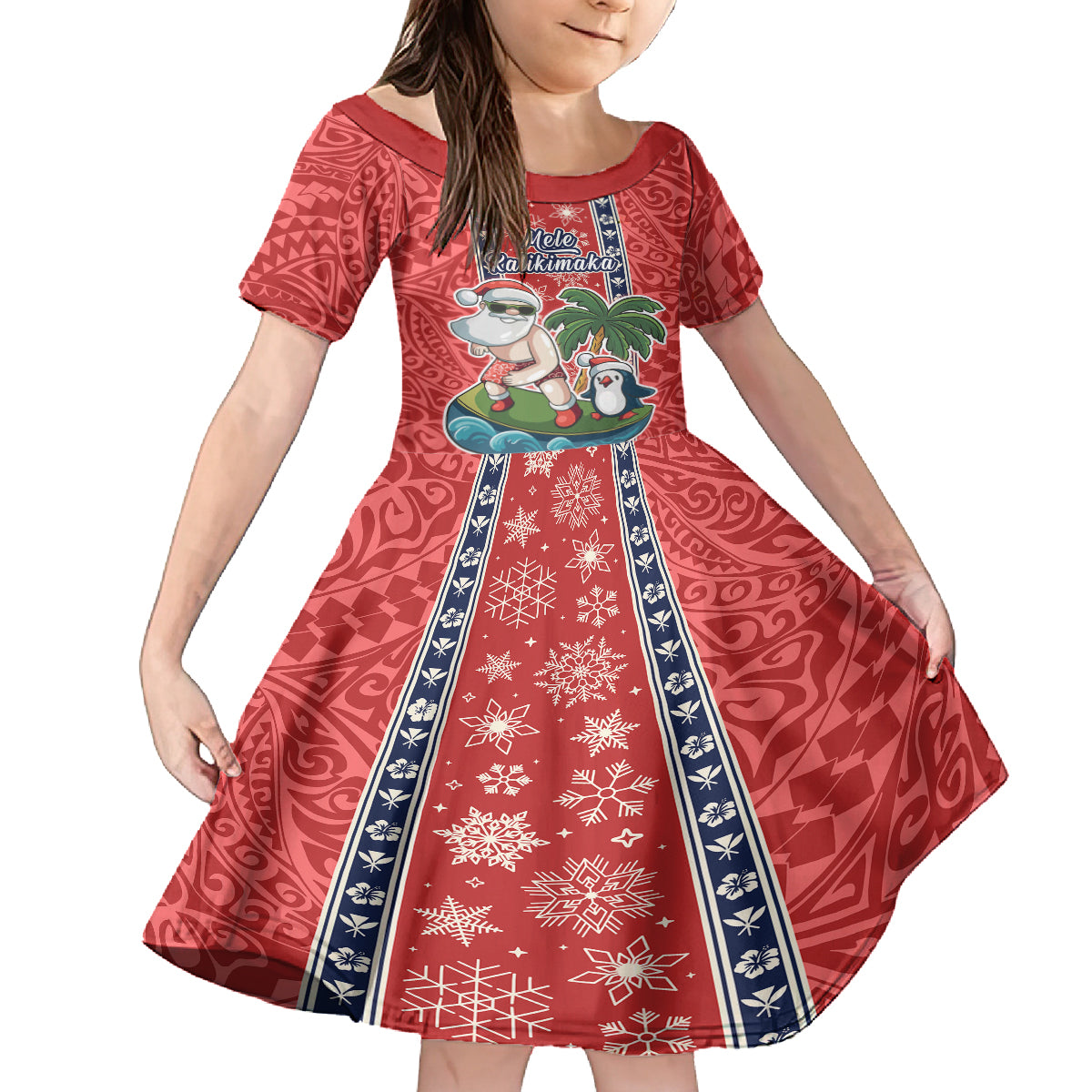 Custom Hawaii Christmas Family Matching Summer Maxi Dress and Hawaiian Shirt The Santa Surfing Hawaii Xmas Style LT03 Daughter's Dress Red - Polynesian Pride