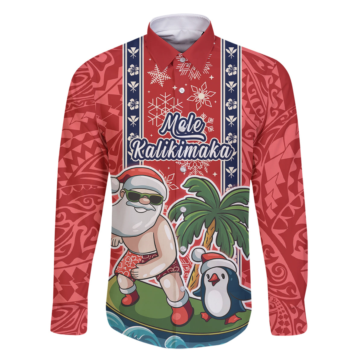 Custom Hawaii Christmas Family Matching Summer Maxi Dress and Hawaiian Shirt The Santa Surfing Hawaii Xmas Style LT03 Dad's Shirt - Long Sleeve Red - Polynesian Pride