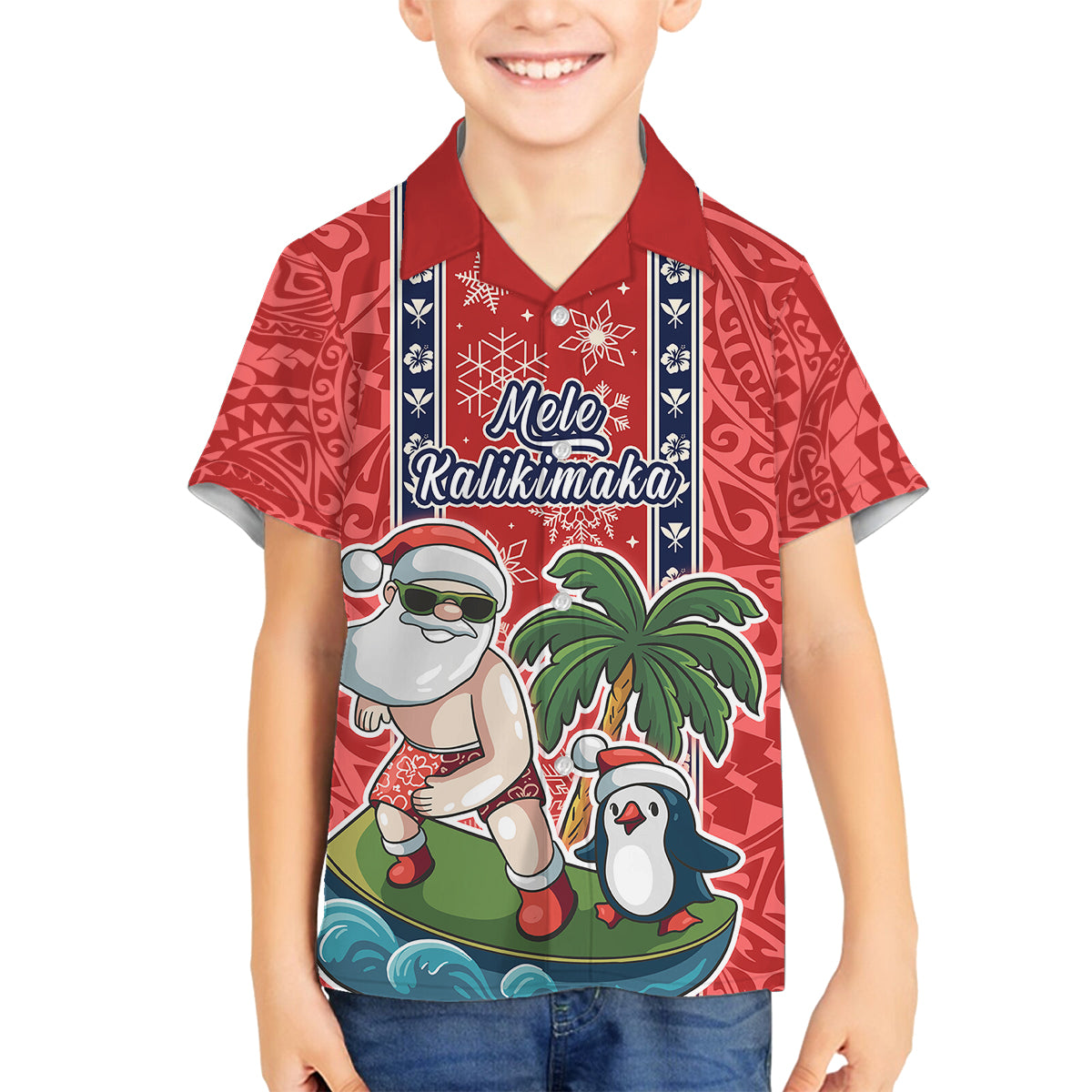 Custom Hawaii Christmas Family Matching Summer Maxi Dress and Hawaiian Shirt The Santa Surfing Hawaii Xmas Style LT03 Son's Shirt Red - Polynesian Pride