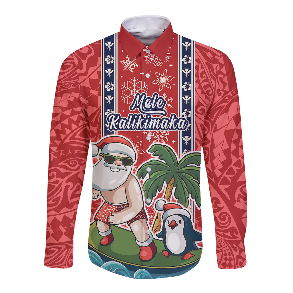 Custom Hawaii Christmas Long Sleeve Button Shirt The Santa Surfing Hawaii Xmas Style LT03 Unisex Red - Polynesian Pride