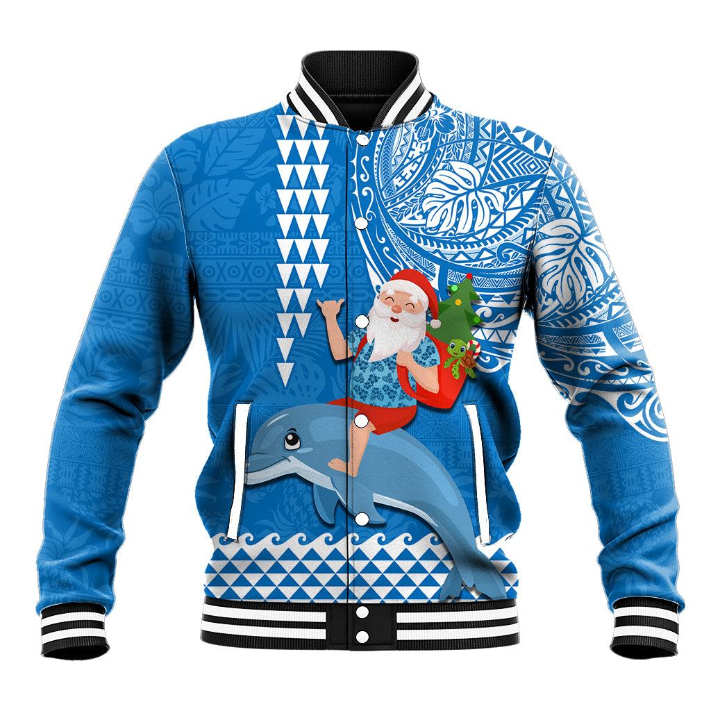 Hawaii Mele Kalikimaka Baseball Jacket Santa Riding The DolPhin Mix Kakau Pattern Blue Style LT03 Unisex Blue - Polynesian Pride