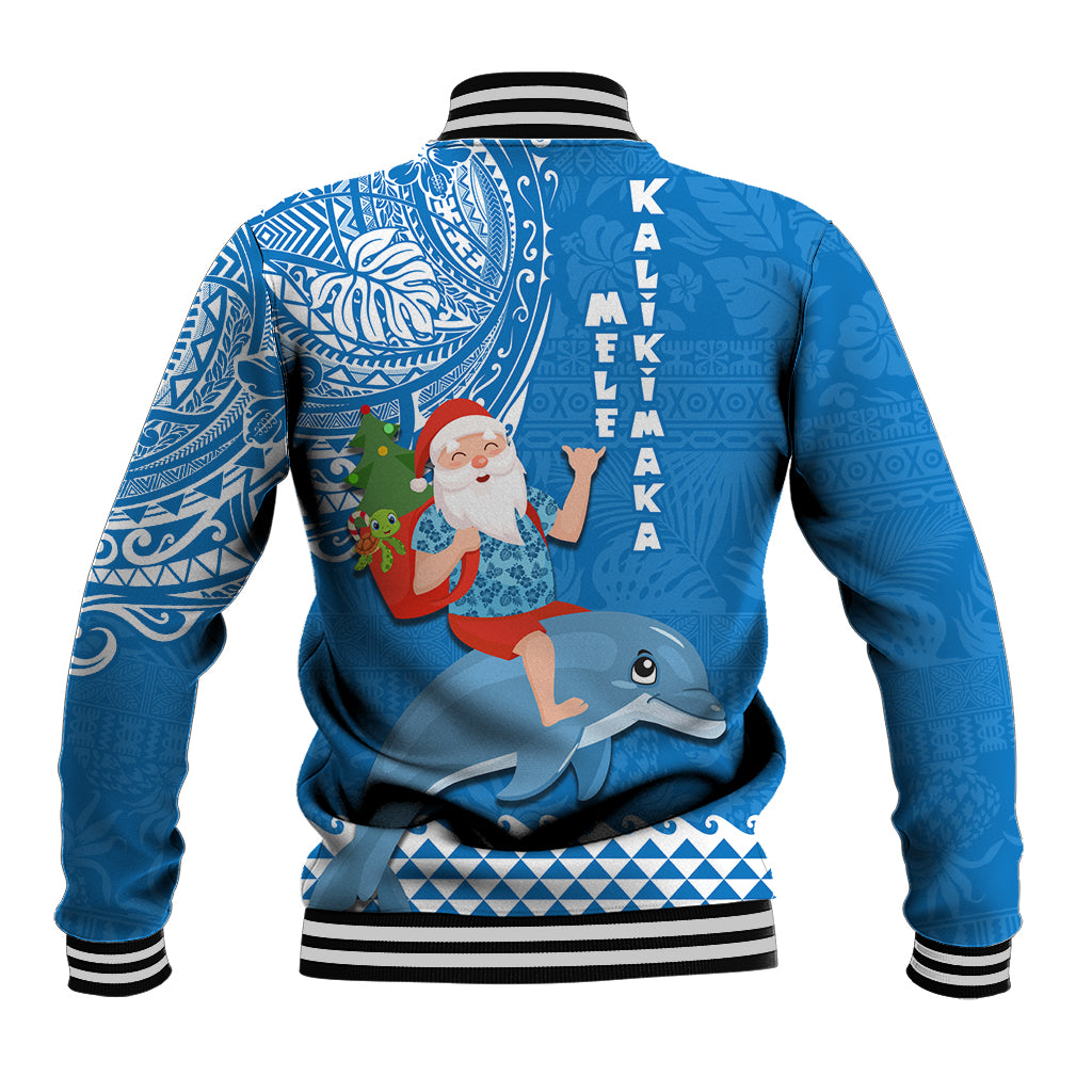 Hawaii Mele Kalikimaka Baseball Jacket Santa Riding The DolPhin Mix Kakau Pattern Blue Style LT03 - Polynesian Pride
